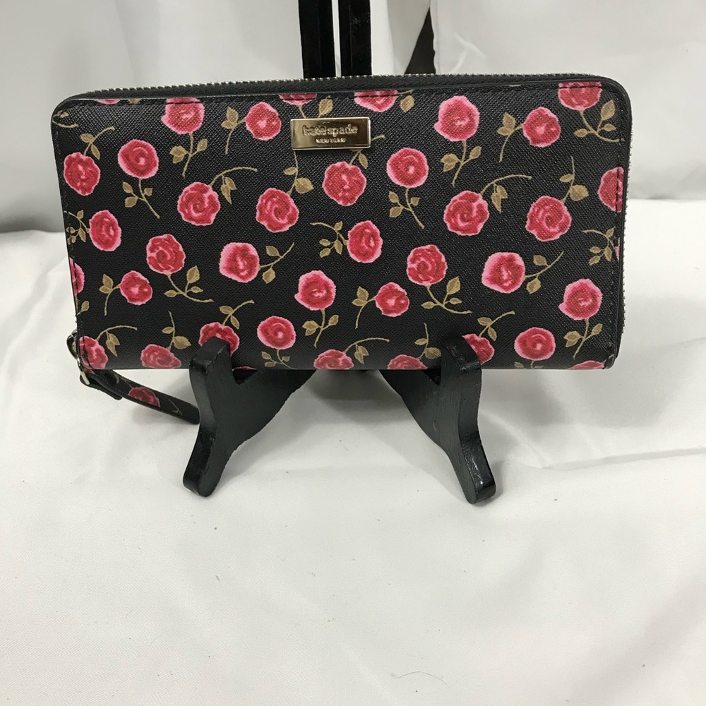 Kate Spade New York Laurel Way Neda Zip Black and Pink Floral Wallet EUC - Picture 1 of 6